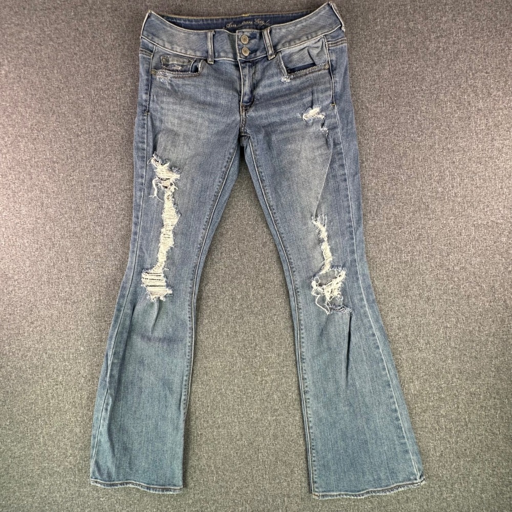American Eagle Jeans Women 6 Artist Blue Distressed Stretch Flare Low Rise